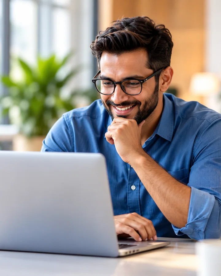 A business professional working at a laptop